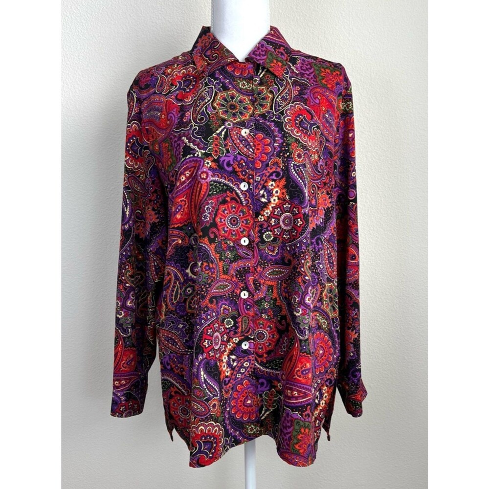 VTG Paisley‎ Button Shirt Women M Purple Red Psychedelic Artsy Boho 90s Blouse